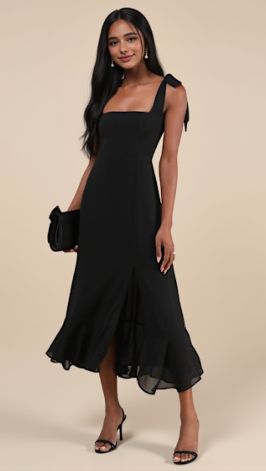 SUMMER INVITE BLACK TIE-STRAP TIERED MIDI DRESS