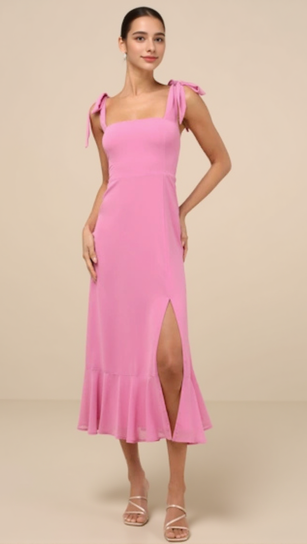 AIIZIE SUMMER INVITE PINK TIE-STRAP TIERED MIDI DRESS - product image
