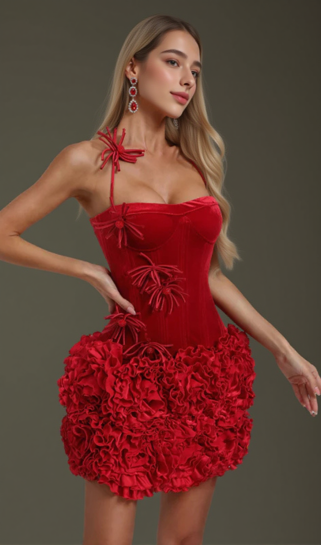 velvet corset floral mini skirt suit in red