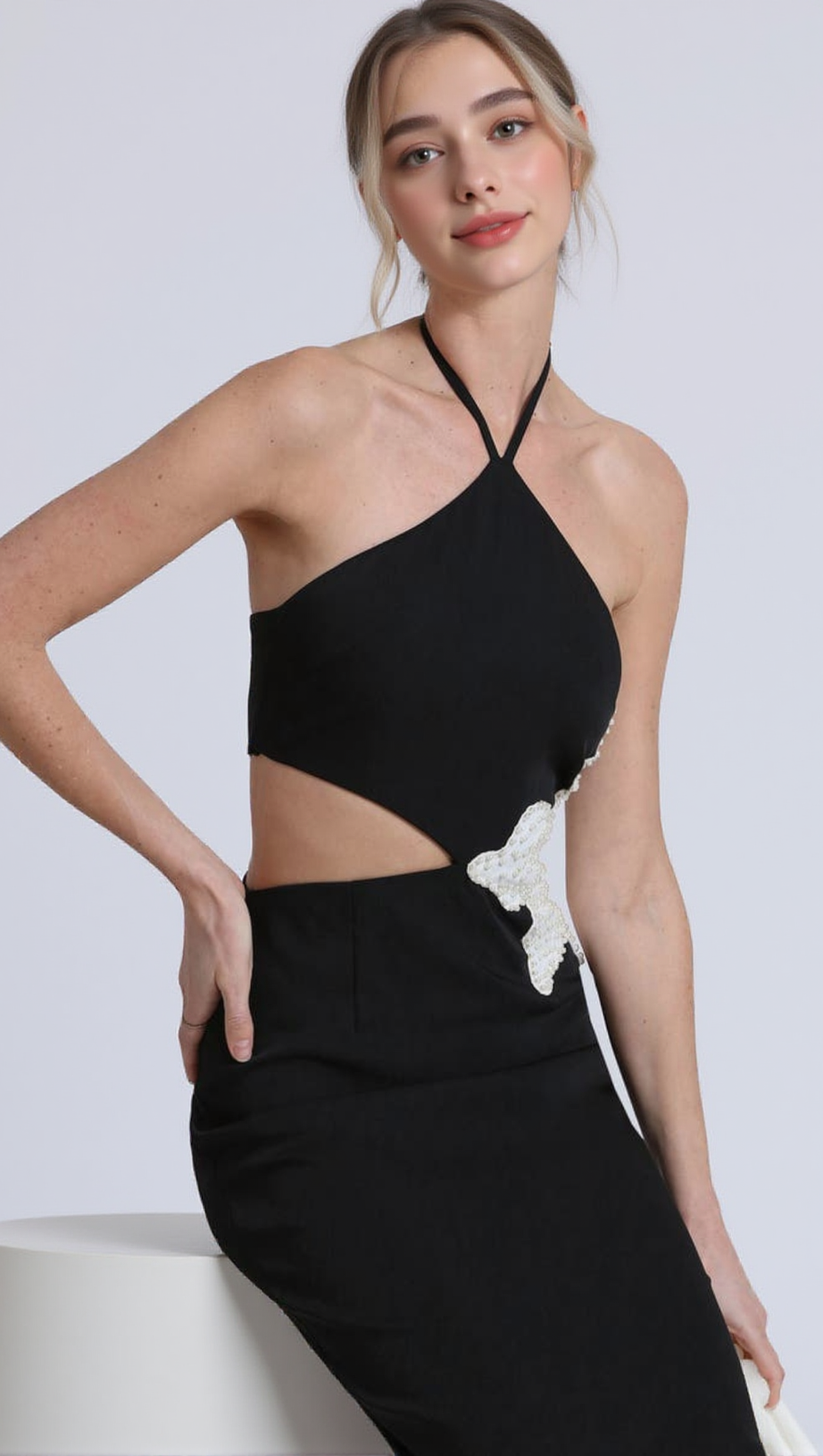 ATHENA FLORAL APPLIQUÉ CUTOUT HALTER MIDI DRESS IN BLACK