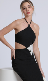 ATHENA FLORAL APPLIQUÉ CUTOUT HALTER MIDI DRESS IN BLACK
