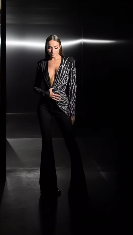 RHINESTONE EMBELLISHED BLAZER JUMPSUIT TWO PIECES SETS IN BLACK