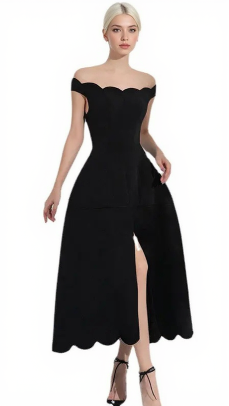 BLACK OFF-SHOULDER SCALLOPED NECKLINE SLIT MIDI DRESS