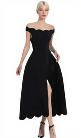 BLACK OFF-SHOULDER SCALLOPED NECKLINE SLIT MIDI DRESS