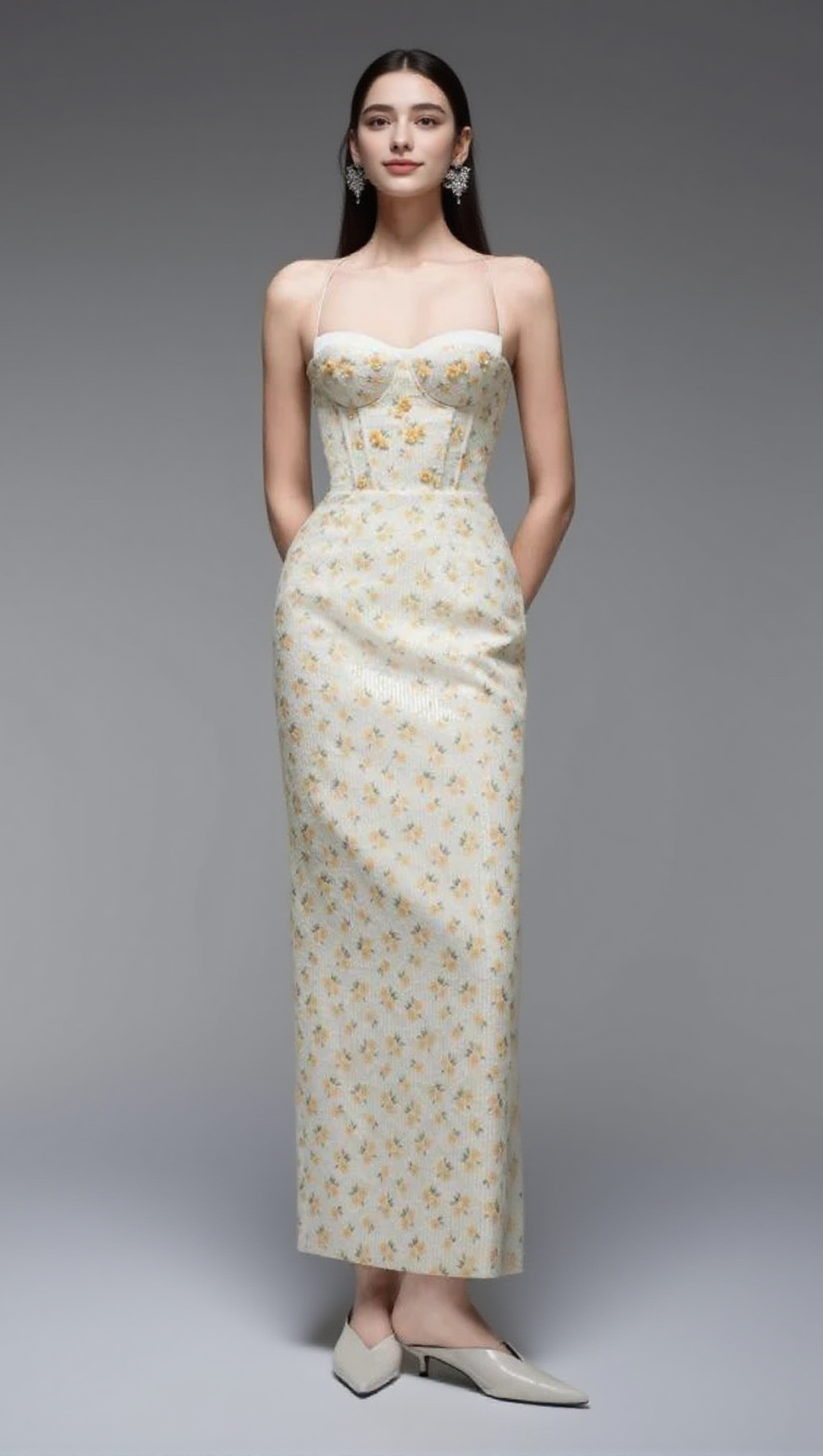 PRINT EMBROIDERY MAXI DRESS IN BEIGE