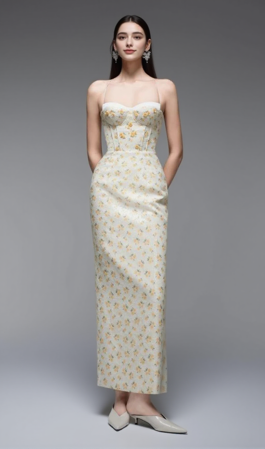 PRINT EMBROIDERY MAXI DRESS IN BEIGE