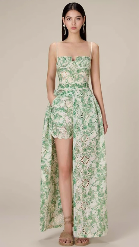 FLORAL PRINTED THIGH SLIT MIDI DRESS IN GREEN