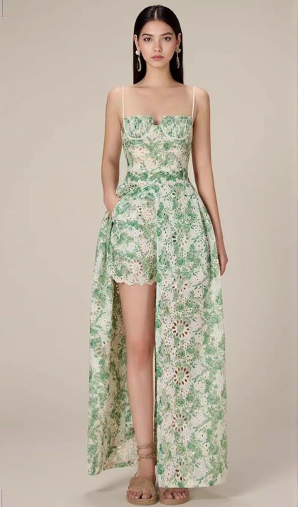 FLORAL PRINTED THIGH SLIT MIDI DRESS IN GREEN