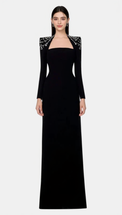 CRYSTAL-EMBELLISHED BLACK LONG SLEEVE MAXI DRESS
