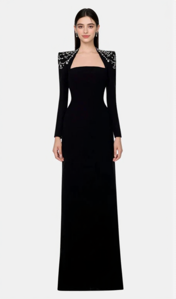 CRYSTAL-EMBELLISHED BLACK LONG SLEEVE MAXI DRESS