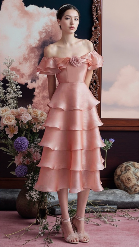 STACK RUFFLES TRIM 3D FLOWER MIDI DRESS IN PINK