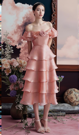 STACK RUFFLES TRIM 3D FLOWER MIDI DRESS IN PINK