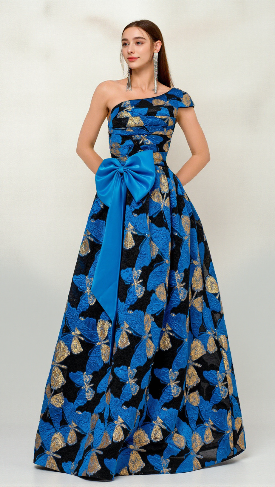 PLEATED JACQUARD BOW FLORAL A-LINE DRESS