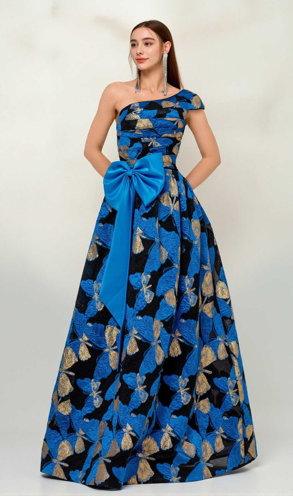 PLEATED JACQUARD BOW FLORAL A-LINE DRESS