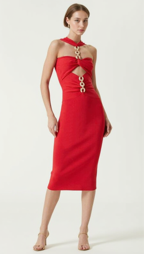 CUT OUT KNIT BANDAGE MIDI DRESS IN RED