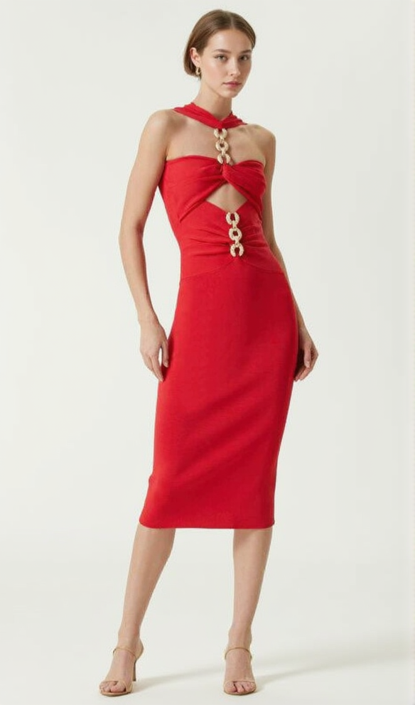 CUT OUT KNIT BANDAGE MIDI DRESS IN RED