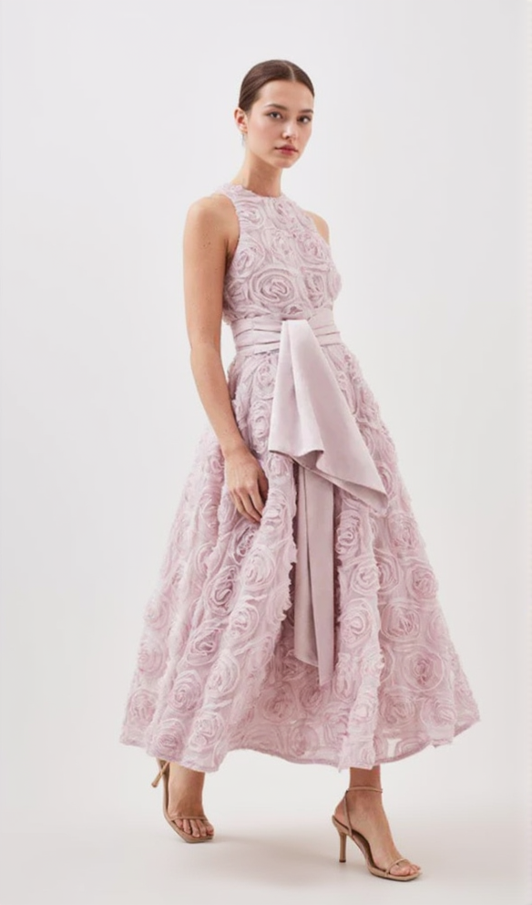 AIIZIE ROSETTE TULLE SATIN WOVEN BELT MIDI DRESS IN PINK - product image