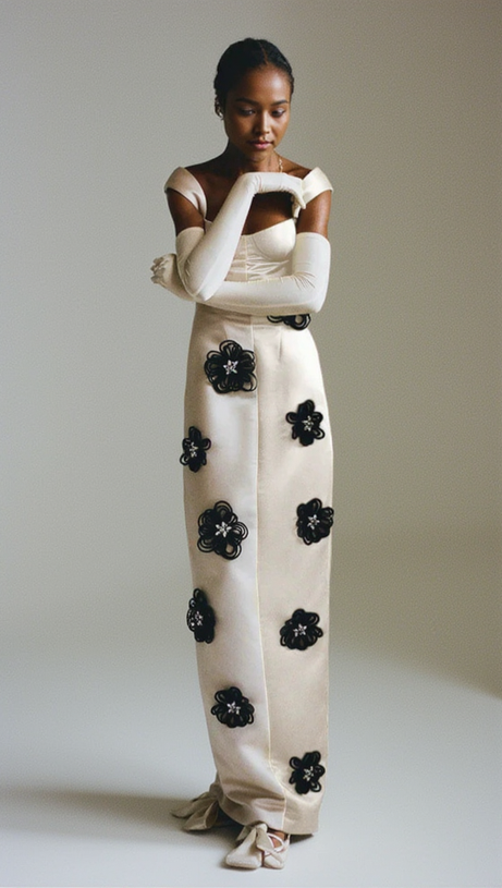 FLORAL EMBELLISHED MIDI DRESS IN WHITE