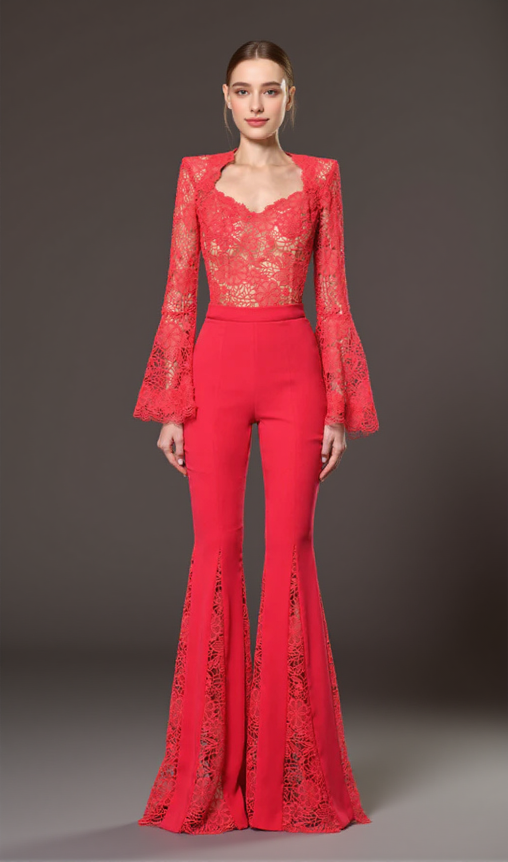 LACE-EMBELLISHED TRUMPET SLEEVE JUMPSUITS IN RED
