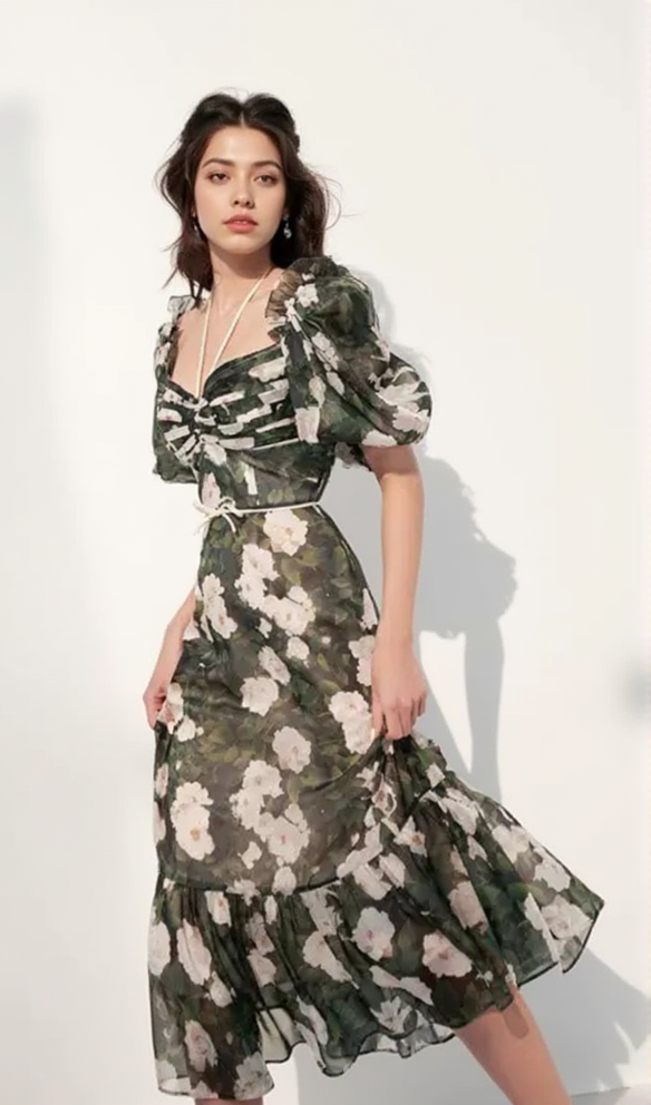 PUFF SLEEVE FLORAL PRINTED MIDI DRESS IN GREEN