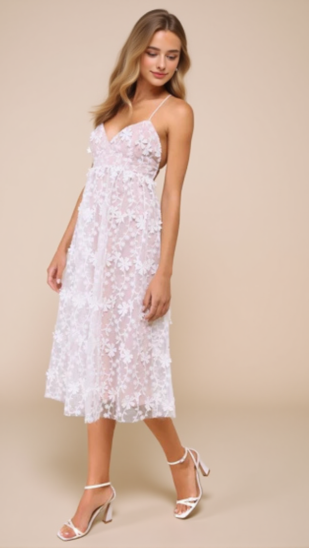 AIIZIE 3D FLORAL APPLIQUE MIDI DRESS IN WHITE - product image