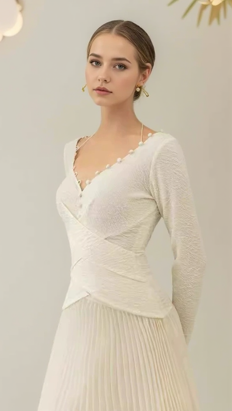 V NECK PLEATED MAXI DRESS IN IVORY