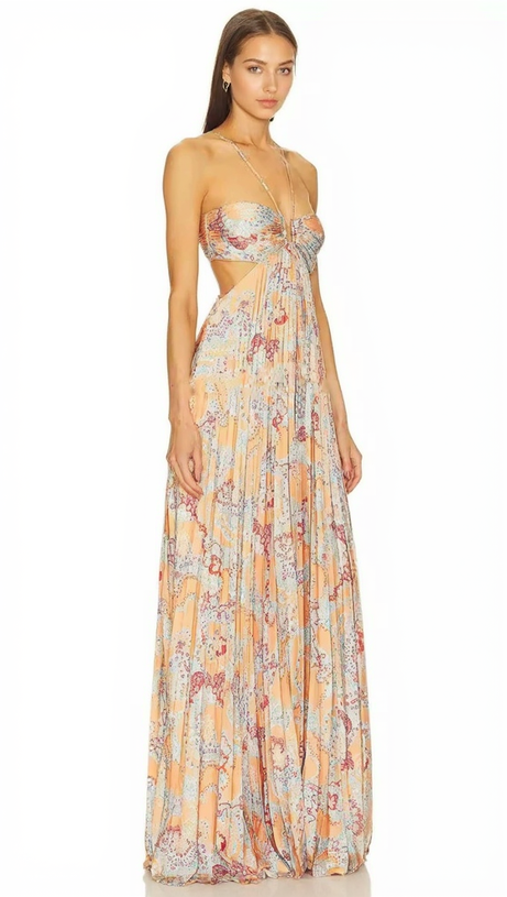 MOIRA CUTOUT FLORAL PRINTED HALTERNECK GOWN
