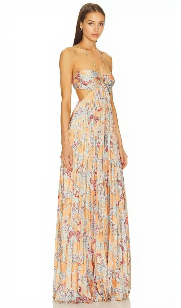MOIRA CUTOUT FLORAL PRINTED HALTERNECK GOWN