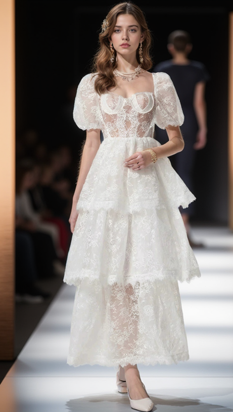 PUFF SLEEVE LACE MAXI DRESS IN WHITE