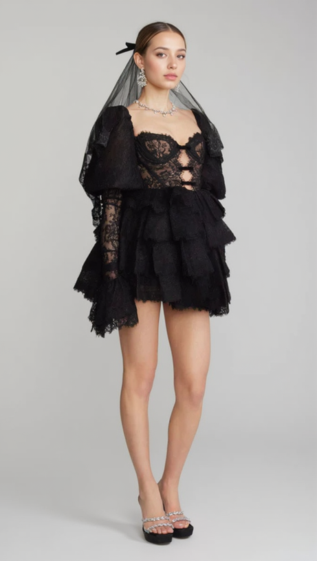 PUFF SLEEVE LACE MINI DRESS IN BLACK
