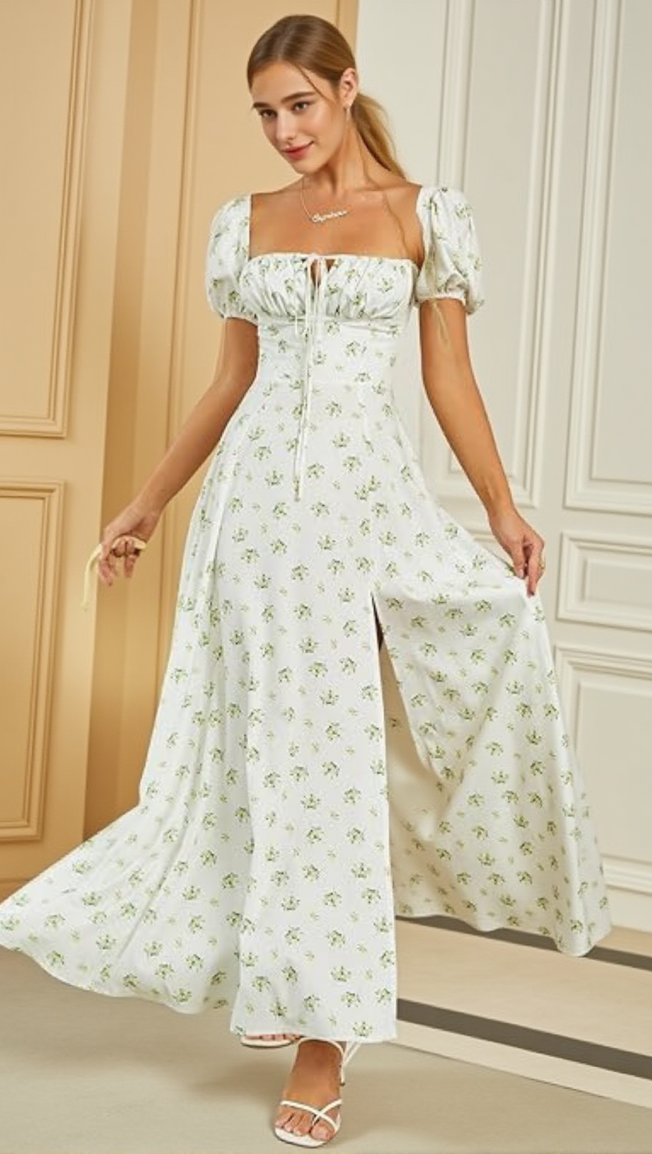 AIIZIE WHITE VINTAGE FLORAL PUFF SLEEVE MIDI DRESS - product image