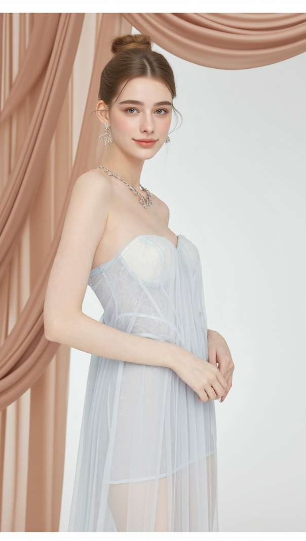 AIIZIE THEA STRAPLESS MESH BACKLESS MAXI DRESS IN LIGHT BLUE - product image