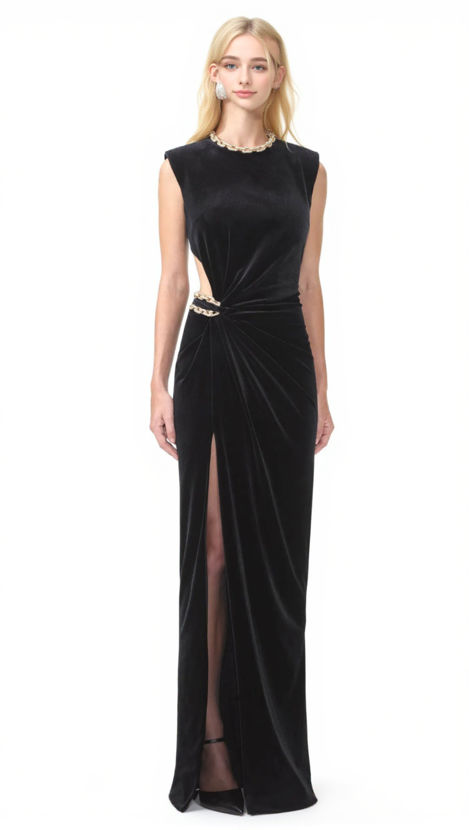 VELVET CRYSTAL EMBELLISHED MAXI DRESS IN BLACK