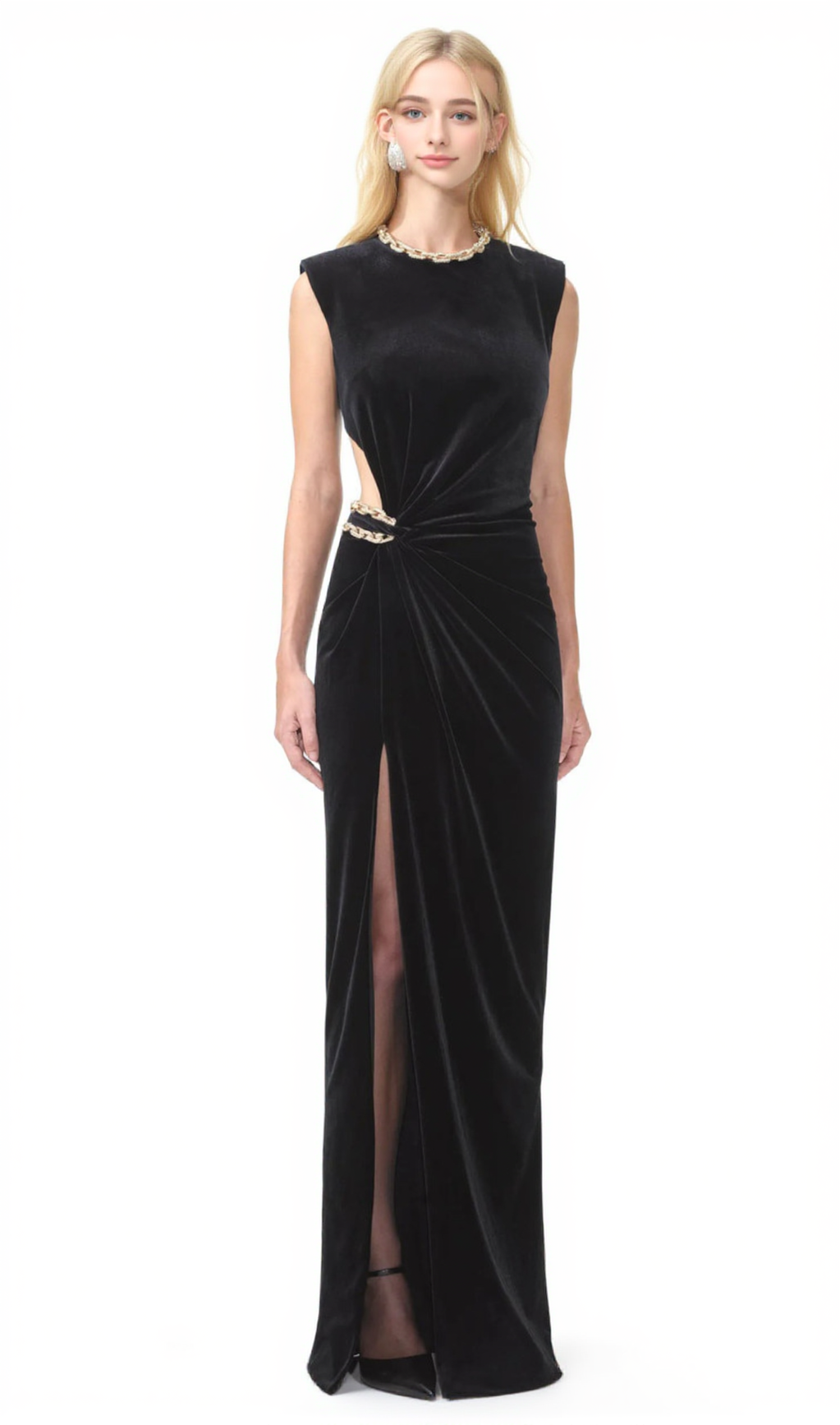 VELVET CRYSTAL EMBELLISHED MAXI DRESS IN BLACK