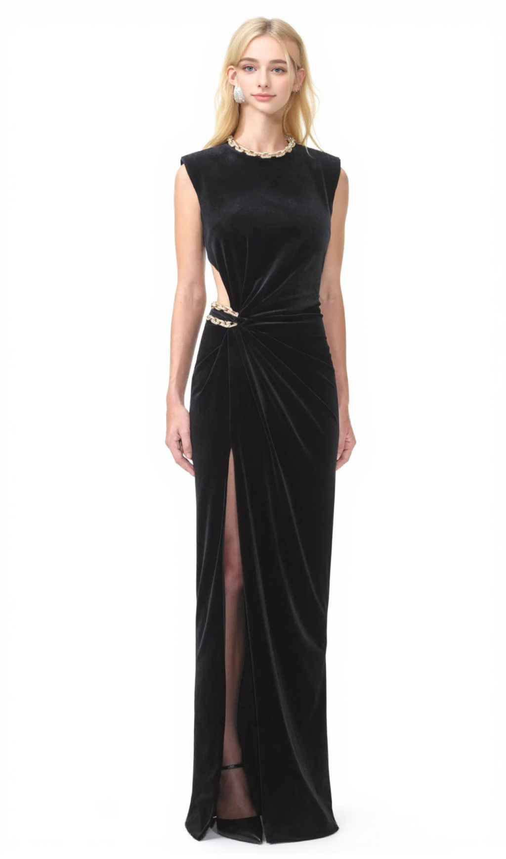 VELVET CRYSTAL EMBELLISHED MAXI DRESS IN BLACK
