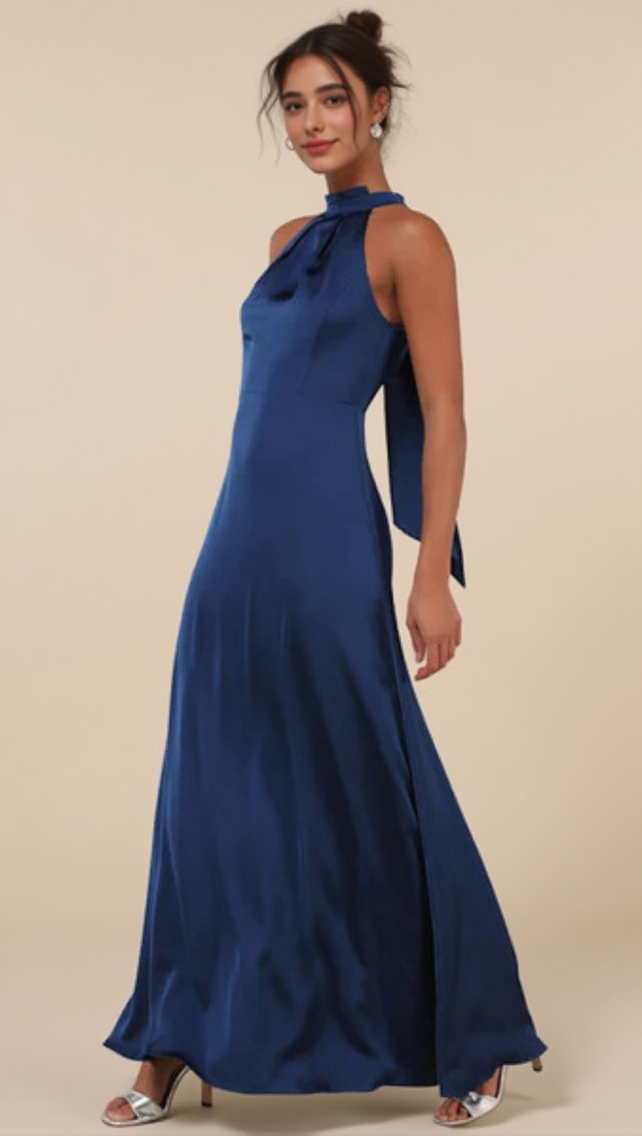 BLUE SATIN PLEATED MOCK NECK MAXI DRESS