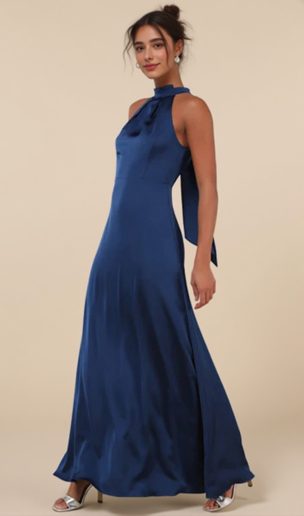 BLUE SATIN PLEATED MOCK NECK MAXI DRESS
