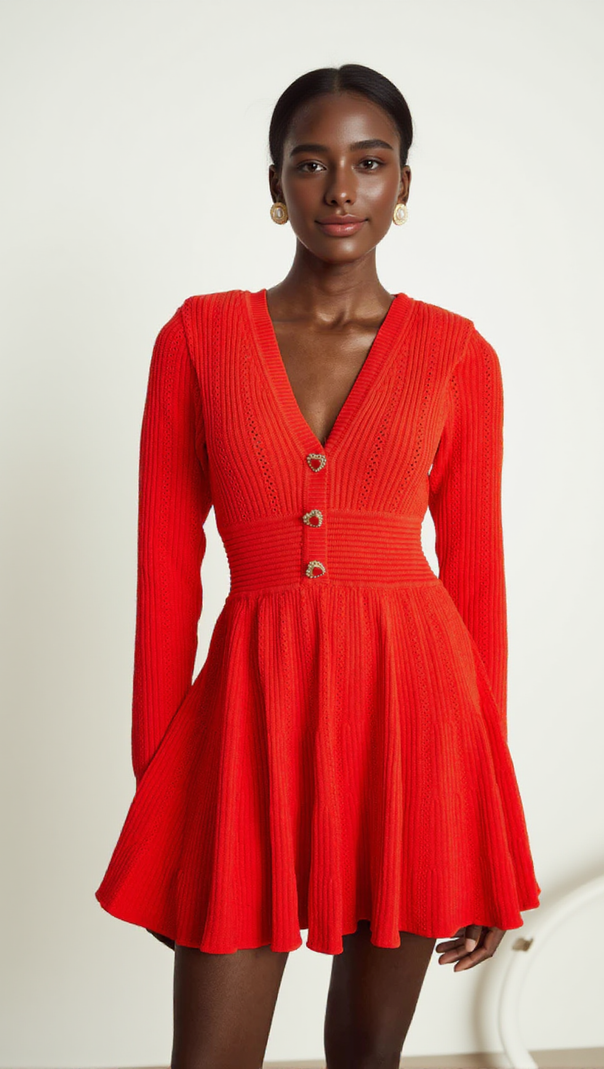 AIIZIE VICTORIA POINTELLE KNIT MINI DRESS IN RED - product image