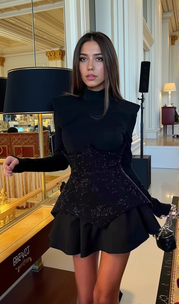 SPLICE SEQUIN MINI DRESS IN BLACK