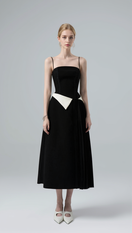 SLIP CONTRAST COLOR MIDI DRESS IN BLACK