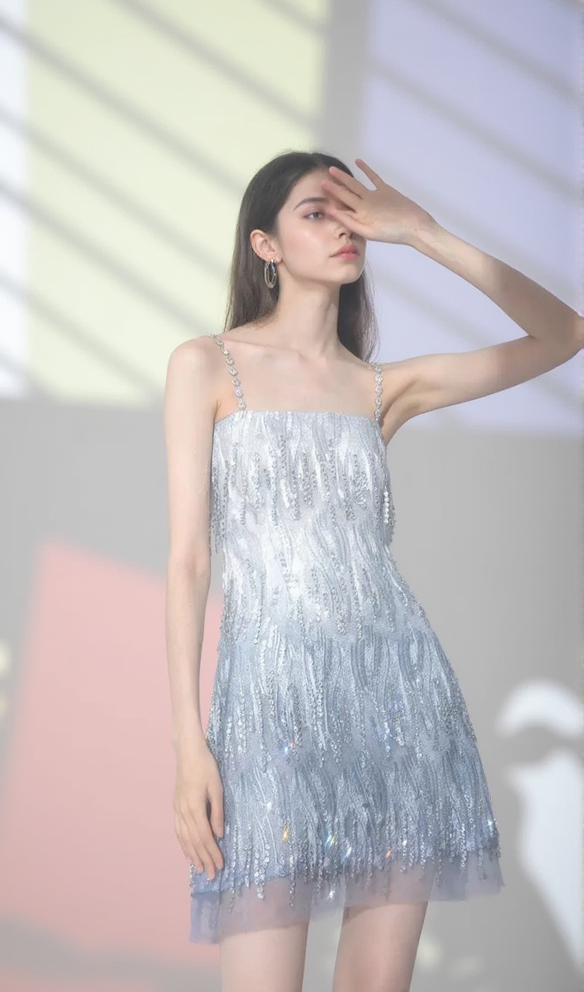 DIAMOND EMBELLISHED MINI DRESS IN BLUE