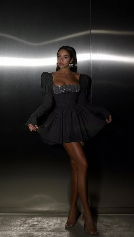 PUFF LANGARM KRISTALLKORSETT A-LINIENKLEID IN SCHWARZ