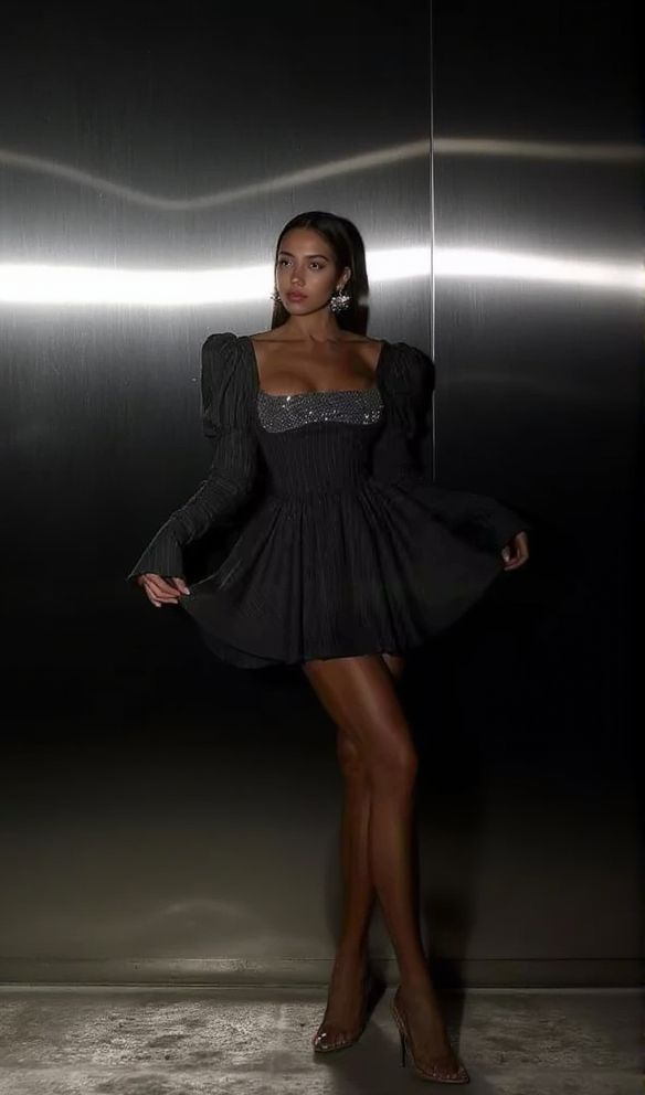 AIIZIE PUFF LONG SLEEVE CRYSTAL CORSET A LINE DRESS IN BLACK - product image