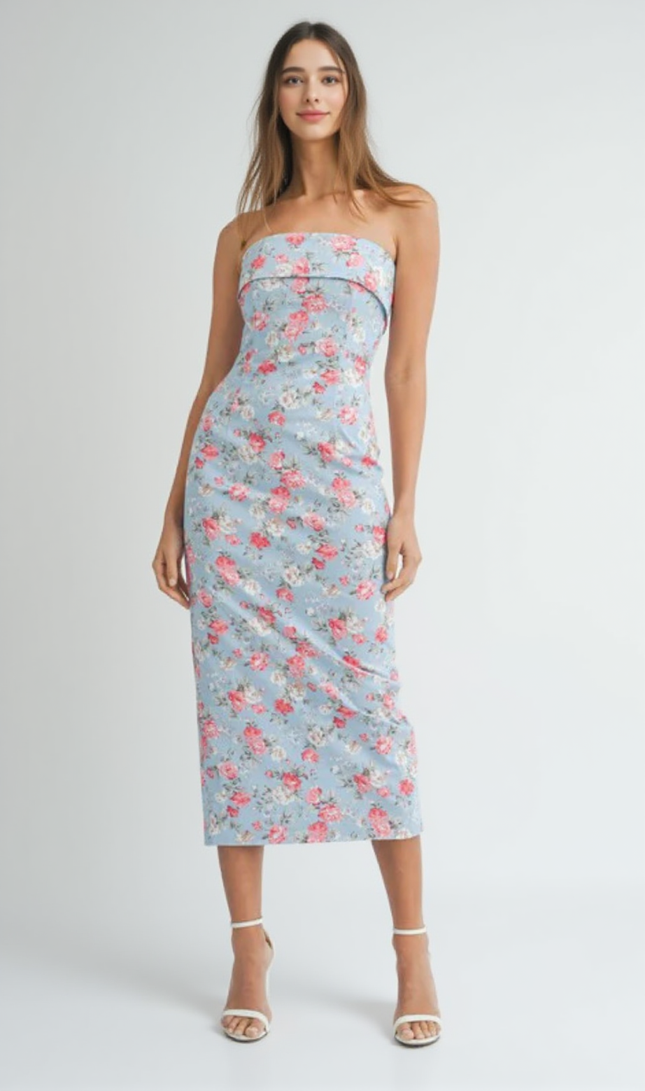 sherry strapless floral midi dress in blue