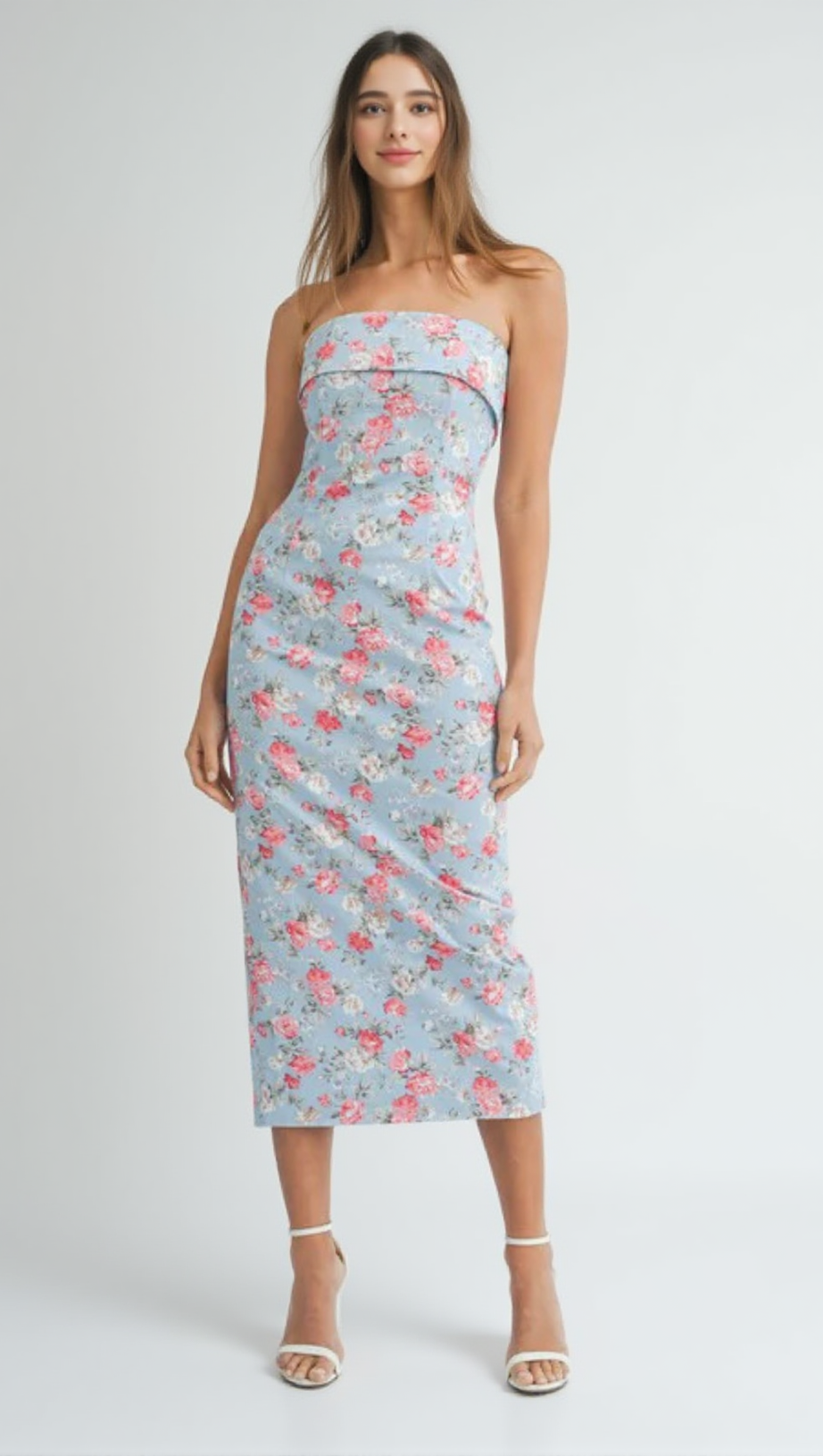 SHERRY STRAPLESS FLORAL MIDI DRESS IN BLUE