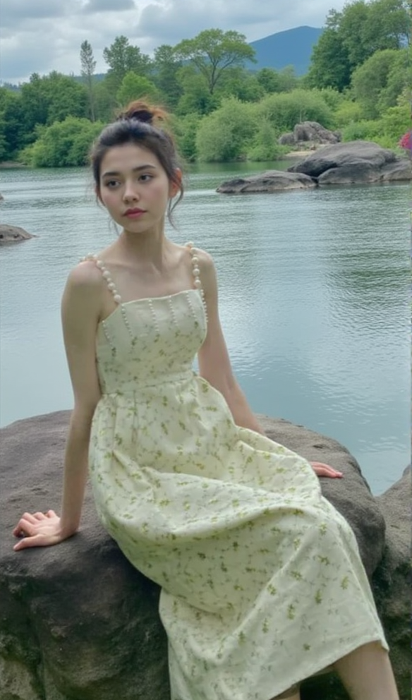 AIIZIE GREEN PRINTED PERAL STRAPS MIDI DRESS - product image
