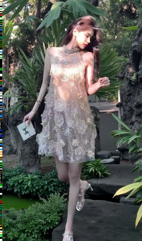 FLOWER EMBELLISHED MESH MINI DRESS