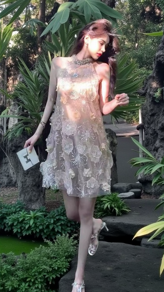 FLOWER EMBELLISHED MESH MINI DRESS