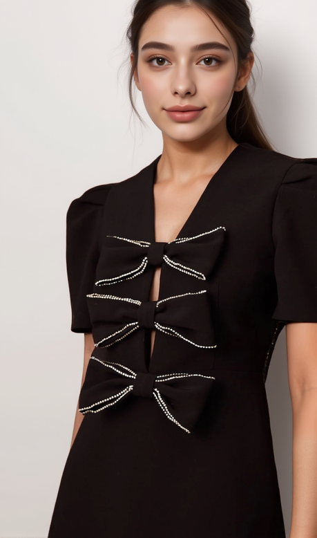 TANIA BLACK BOWKNOT EMBELLISHED MINI DRESS