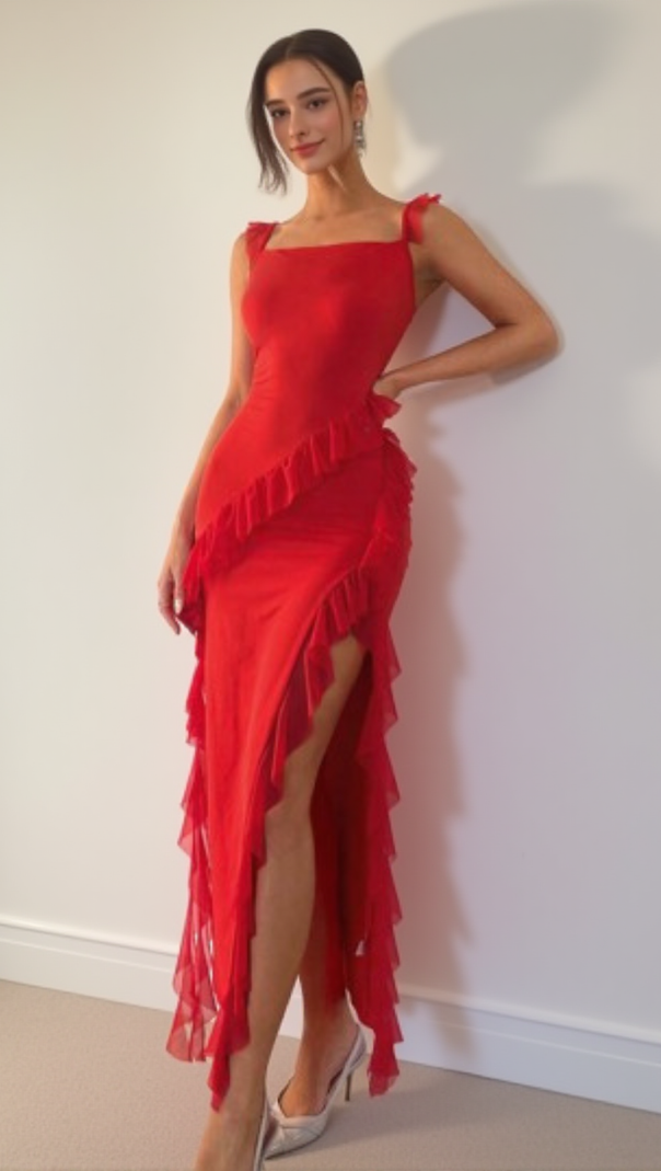 AIIZIE RUFFLE MAXI DRESS IN CHERRY - product image